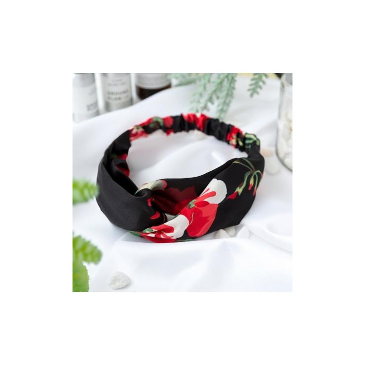Črn turban naglavni trak s potiskom rož