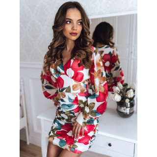 Bela ženska mini obleka s pomladnim tiskom