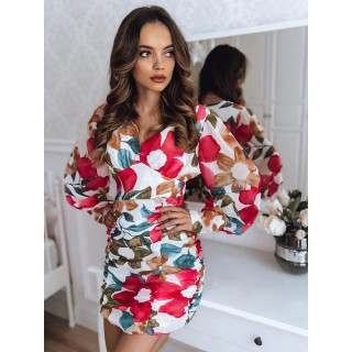 Bela ženska mini obleka s pomladnim tiskom