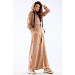 Bež dolg ženski pulover s kapuco