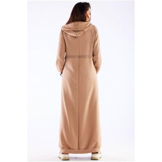 Bež dolg ženski pulover s kapuco