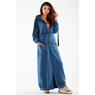 Ženski modri dolgi pulover s kapuco