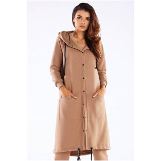 Bež dolg ženski pulover s kapuco