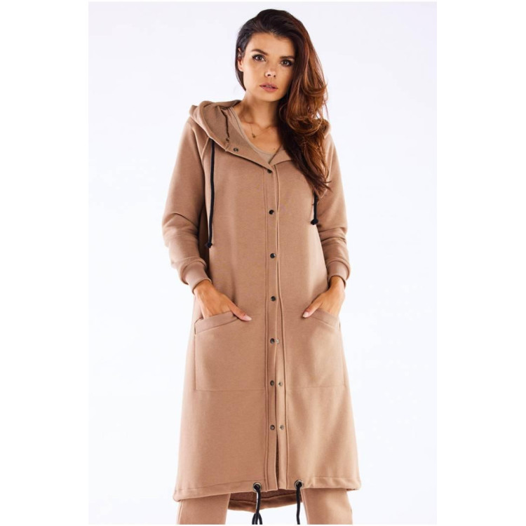 Bež dolg ženski pulover s kapuco