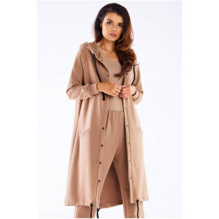 Bež dolg ženski pulover s kapuco