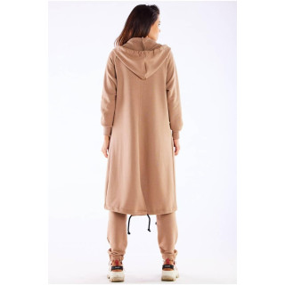 Bež dolg ženski pulover s kapuco