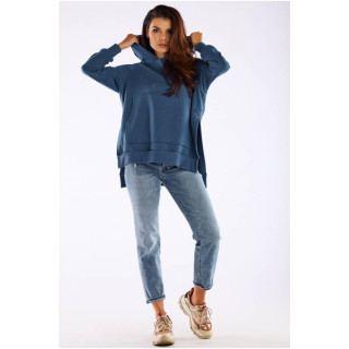 Moder asimetričen ženski pulover z razporki