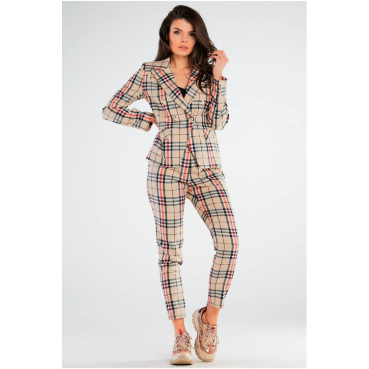 Ženske kariraste hlače v bež barvi