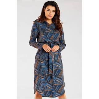 Temno modra vzorčasta obleka s pasom