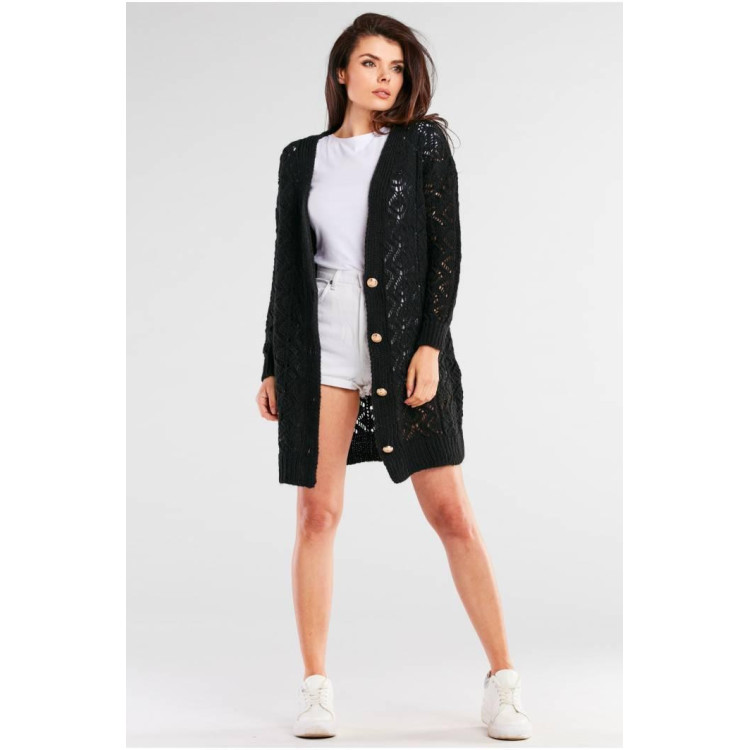 Dolg ženski pulover z gumbi v črni barvi