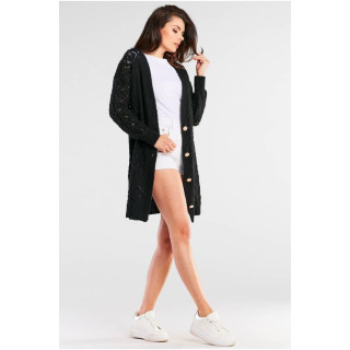 Dolg ženski pulover z gumbi v črni barvi