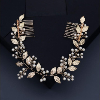 Poročni naglavni trak z listi in biseri