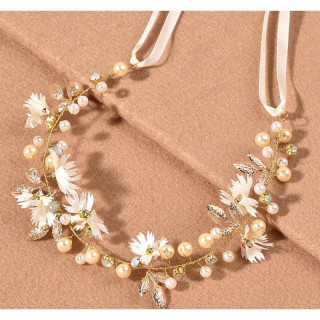 Zlat poročni naglavni trak s cvetjem in biseri