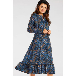 Temno modra vzorčasta obleka z volančkom