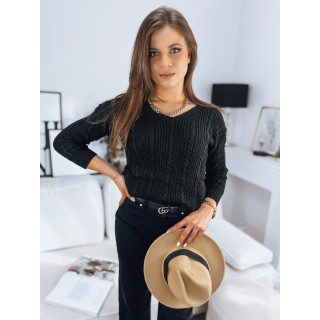 Ženski črn pulover z okrasnim pletenjem