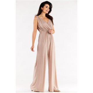 Bež eleganten kombinezon s širokimi hlačami