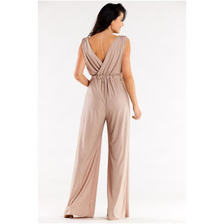 Bež eleganten kombinezon s širokimi hlačami