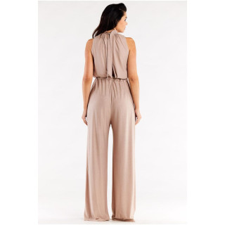 Bež svetleč kombinezon s širokimi hlačami