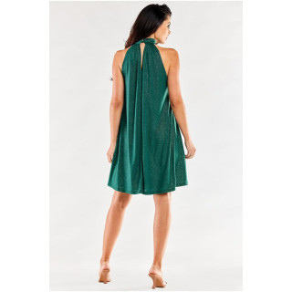 Ženska široka zelena obleka s stoječim ovratnikom