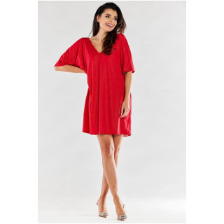 Ženska ohlapna rdeča obleka z v-izrezom
