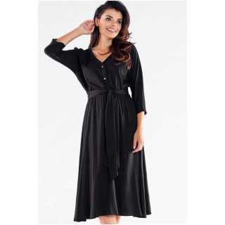 Črna ženska midi obleka s pasom