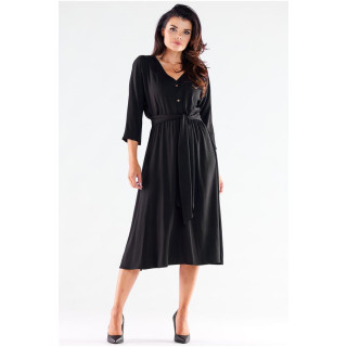 Črna ženska midi obleka s pasom