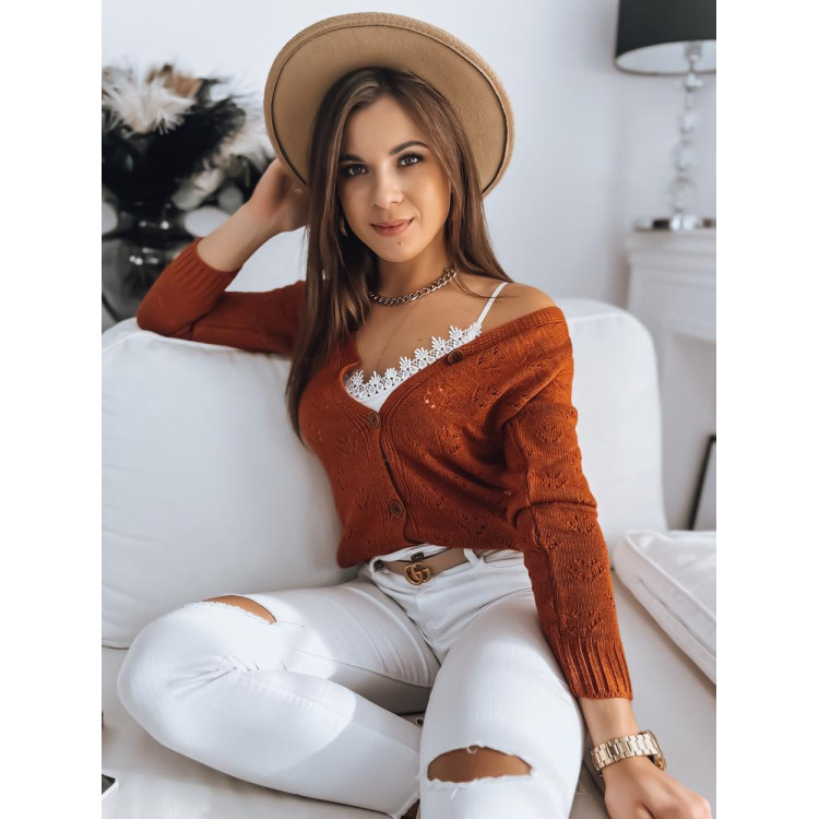 Ažur pulover z zapenjanjem v rjavi barvi