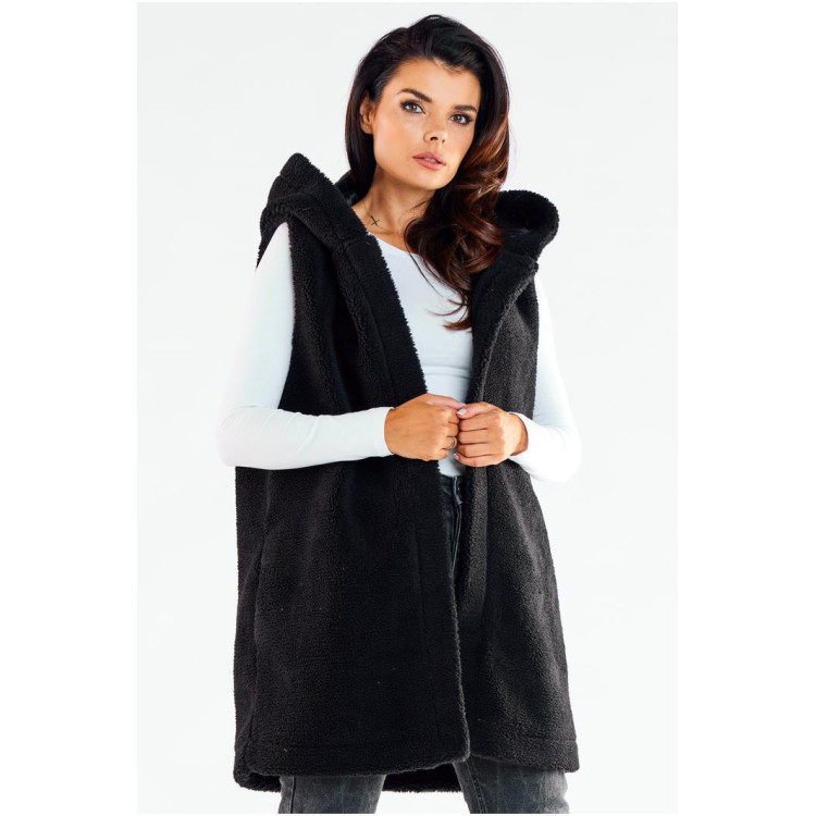 Črn topel brezrokavnik s kapuco