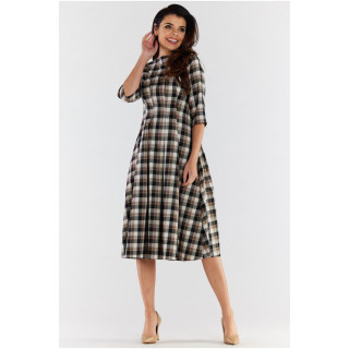 Rjavo-bež karirasta obleka s 3/4 rokavi