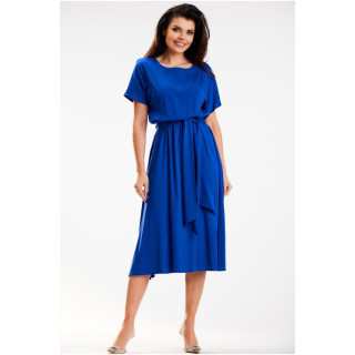 Modra midi obleka s trakom v pasu