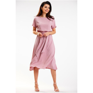 Midi obleka s pentljo v pasu v roza barvi
