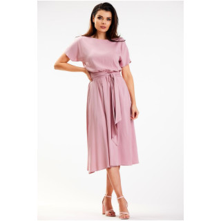 Midi obleka s pentljo v pasu v roza barvi