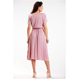 Midi obleka s pentljo v pasu v roza barvi