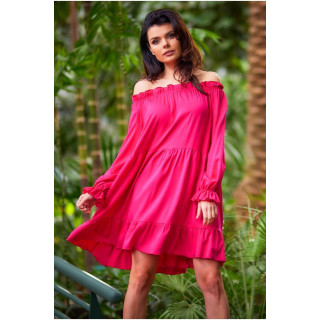 Obleka z volančki in pasom v barvi fuksije