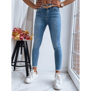 Modre ženske kavbojke z luknjami na kolenih