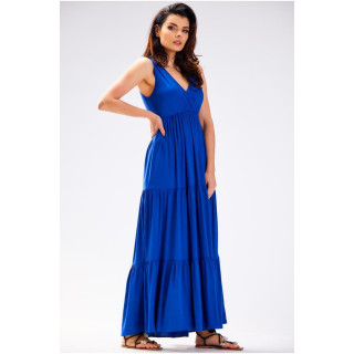 Dolga ohlapna obleka za poletje v modri barvi