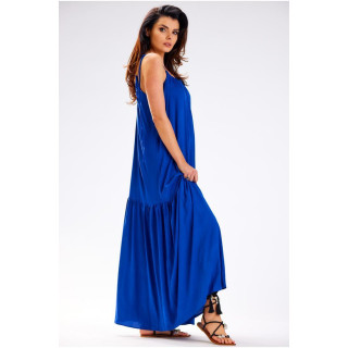 Ohlapna modra obleka z izrezom na hrbtu