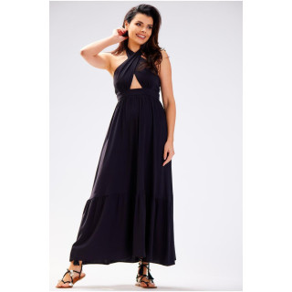 Ženska dolga črna obleka z razkritim hrbtom