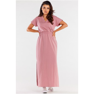 Ženska roza maxi obleka s kratkimi rokavi