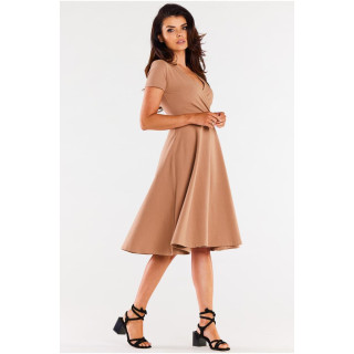 Bež midi obleka z okroglim izrezom