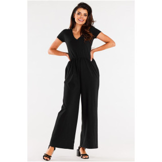 Ženski črn kombinezon s širokimi hlačami