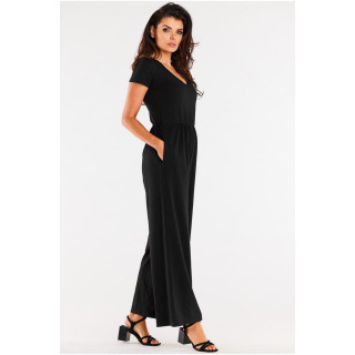 Ženski črn kombinezon s širokimi hlačami