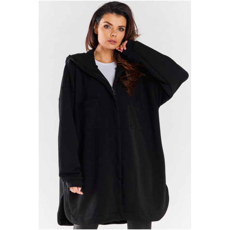 Črn ženski oversized pulover s kapuco