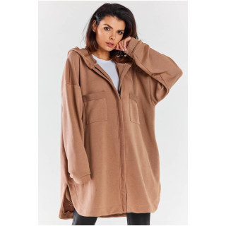 Ženski bež oversize pulover s kapuco