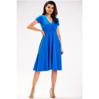 Ženska modra midi obleka z okroglim izrezom