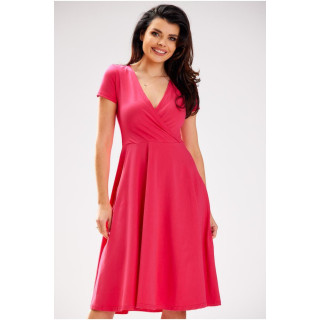 Ženska roza midi obleka z okroglim izrezom