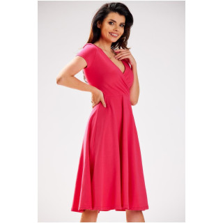 Ženska roza midi obleka z okroglim izrezom