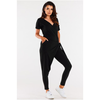 Ženski črn kombinezon z asimetričnim zavezovanjem