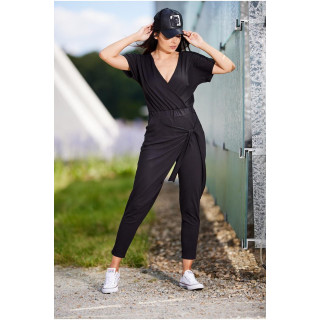 Ženski črn kombinezon z asimetričnim zavezovanjem