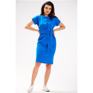 Modra midi obleka z asimetričnimi zavezami